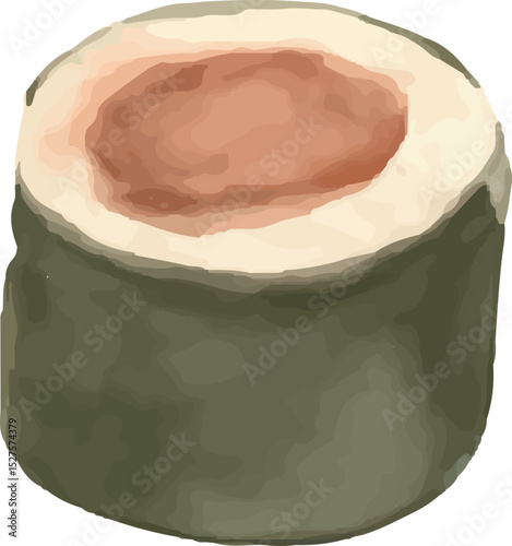 A detailed illustration of a sushi maki roll wrapped in seaweed, filled with rice and seafood. The vibrant texture and artistic style make it visually appealing and appetizing