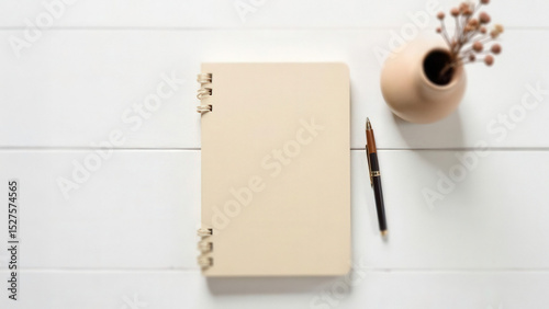 Top view of an organized desk with a closed beige notebook, neatly placed pen, and a ceramic vase with one dried flower on a wooden surface, white background