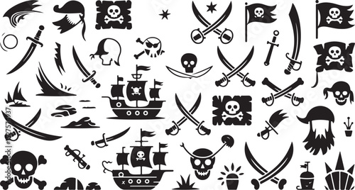Pirate Silhouette Set with Ship Skull Sword Art Design, Perfect for Adventure Treasure Decor and Nautical Plunder Illustration