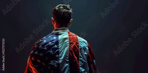 backside image of a young man with American flag wrapped around her shoulders