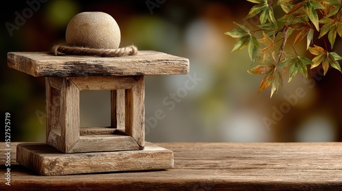 Rustic simplicity, a small wooden table adorned with natural stone
