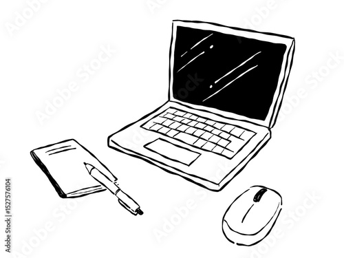 手描きテイストなノートパソコンとマウスと筆記用具のワークスペースイメージのイラスト(モノクロ線画)