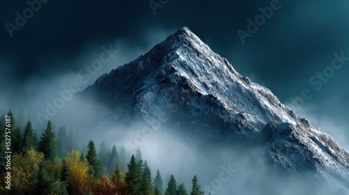 Breathtaking mountain peak vista, a scenic landscape of forest and sky majestic