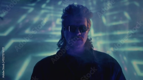 Portrait: Handsome male in retro style, vaporwave actor vintage TV series. Face of a cool man from the 1990 1980 wearing sunglasses, retrowave hair style and mustache. Nostalgia