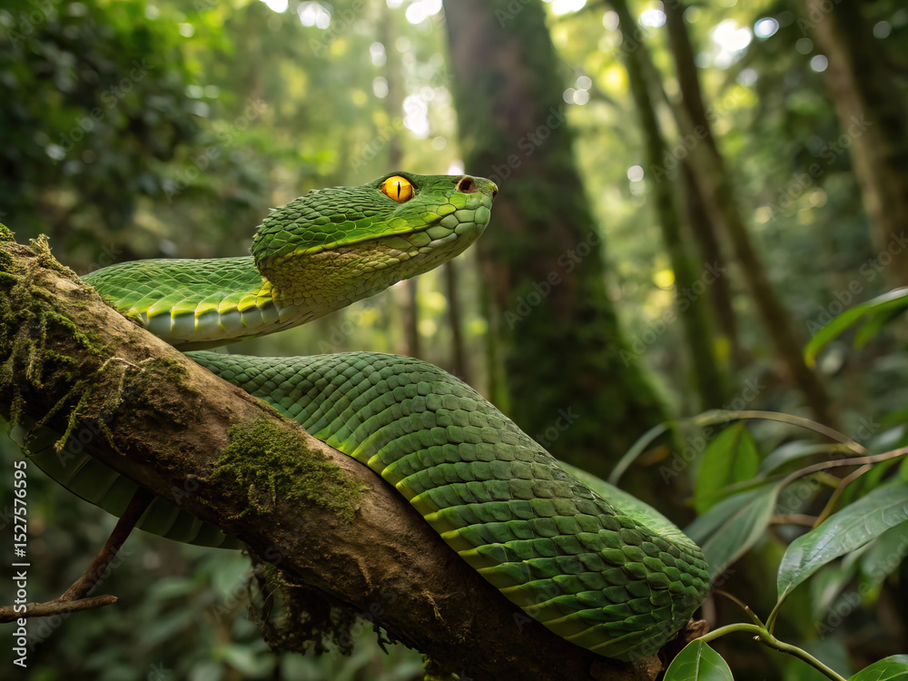Fototapeta premium Green Viper Snake Coiled on Branch with Yellow Eyes Staring