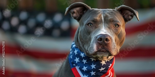American Pitbull dog stands in front of American flag