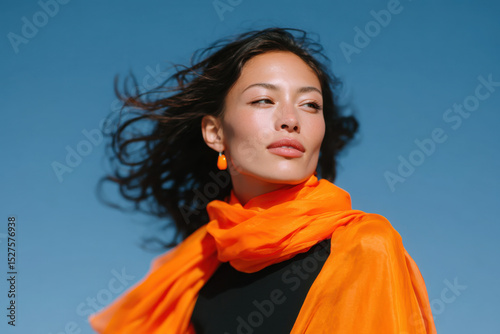 Fashion model wearing orange scarf with wind blown hair against blue sky