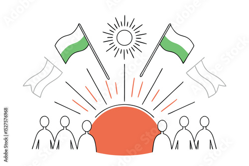 Stylized sun graphic with green and white human figures a colorful design for various applications