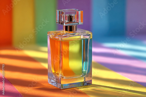 Transparent perfume bottle filled with luxury fragrance on striped rainbow surface. Creative product presentation