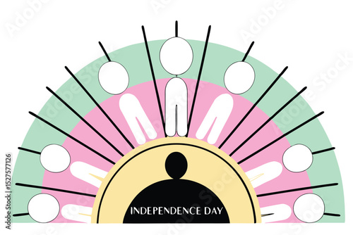 Stylized sun graphic featuring green and white human figures a vibrant design element