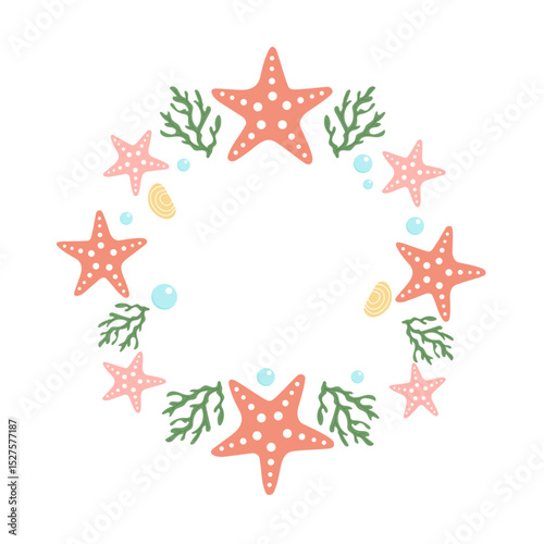 Colorful starfish and coral create a vibrant coastal wreath design for summer decoration