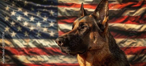 German Shepherd dog stands in front of American flag