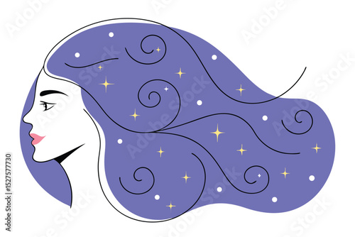 Vibrant purple long curly feminine hair design featuring a detailed rendering of luxurious locks with a smooth and shiny texture
