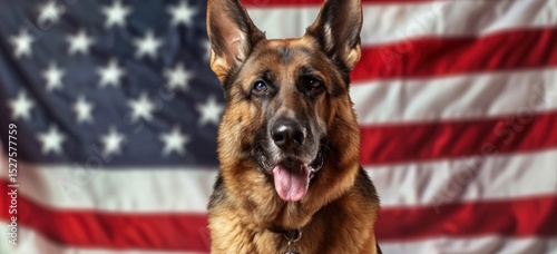 German Shepherd dog stands in front of American flag