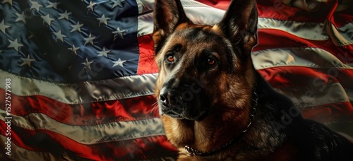 German Shepherd dog stands in front of American flag