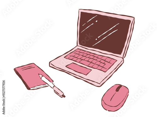 手描きテイストなノートパソコンとマウスと筆記用具のワークスペースイメージのイラスト(ピンク)