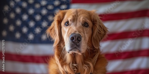 Golden Retriever dog standing in front of American flag