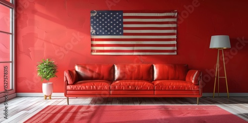 Modern interior design of red room with American flag on the wall