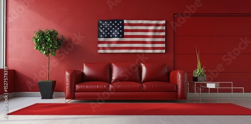 Modern interior design of red room with American flag on the wall