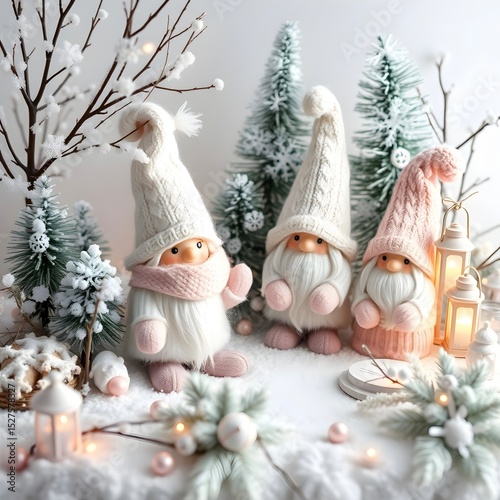 Whimsical winter gnomes in a pastel enchanted garden.