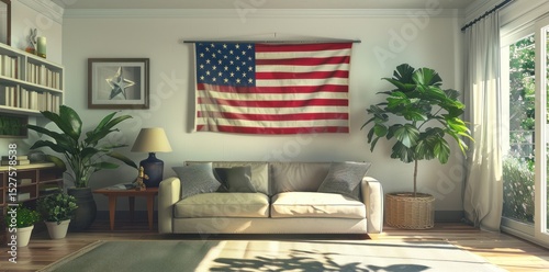 Modern living room with American flag hanging on the wall