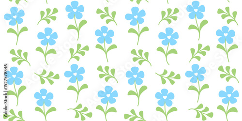 Blue flowers with five petals and leaves and green leafy sprigs on a white background. Summer endless texture with floral and plant ornaments. Vector seamless pattern for surface texture and printing