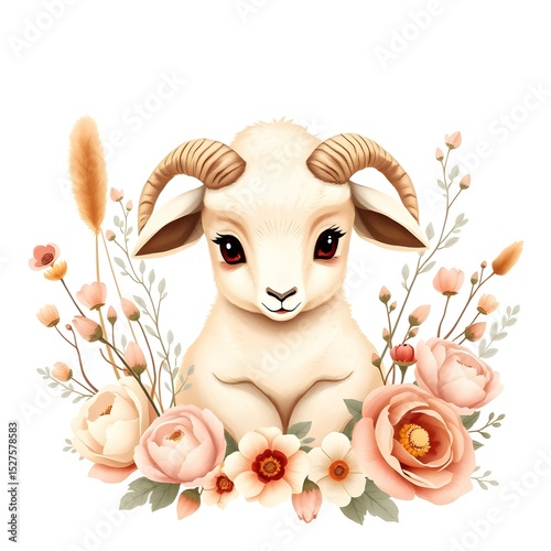 Fluffy baby Barbary sheep with soft boho flowers.