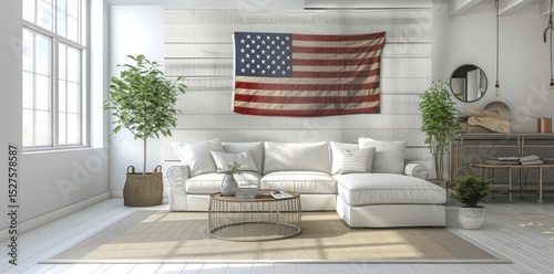 Modern living room with American flag hanging on the wall