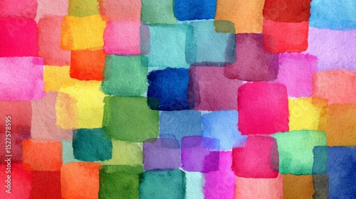Colorful Watercolor Squares Background with Overlapping Brush Texture in Vibrant Tones