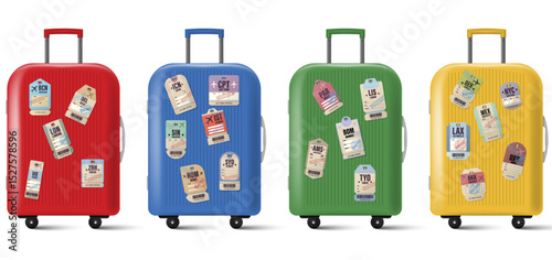 Set of colorful travel suitcases decorated with international airport tags, representing global travel destinations. Bright luggage with vintage-style airport labels from around the world, ideal for