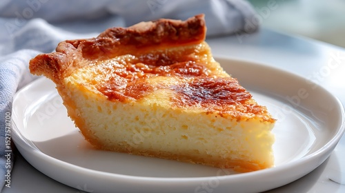 A slice of golden-brown caramelized custard pie served on a white plate