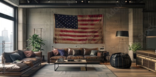 Modern living room with American flag hanging on the wall