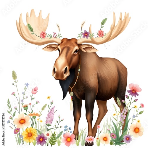 Graceful boho moose with pastel wildflowers.