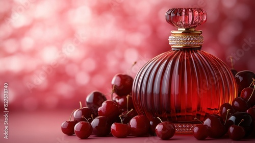 Red perfume bottle with cherries
