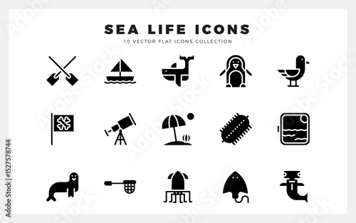 15 Sea Life Glyph icons pack. vector illustration.
