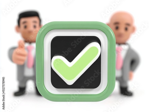 Two animated business figures gesturing approval with a check mark.