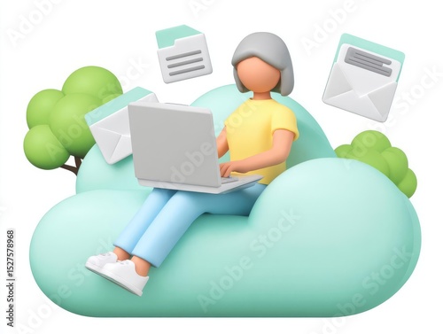 A personal avatar working on a laptop in a creative digital space.
