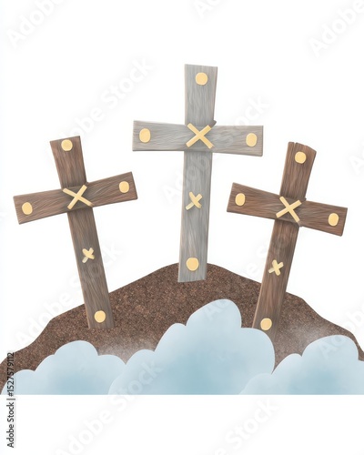 Three wooden crosses atop a hill, symbolizing faith and hope.