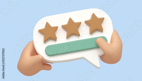 Hands holding a rating interface with three stars and progress bar.