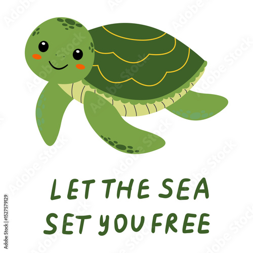 Adorable cartoon sea turtle swimming in the ocean with a motivational quote about freedom