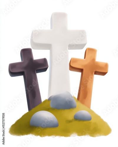 Artistic crosses on a mound, symbolizing faith and remembrance.