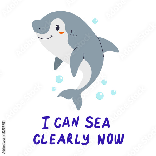 Cute cartoon shark illustration with playful text illustrating a pun about clarity and vision in an ocean setting