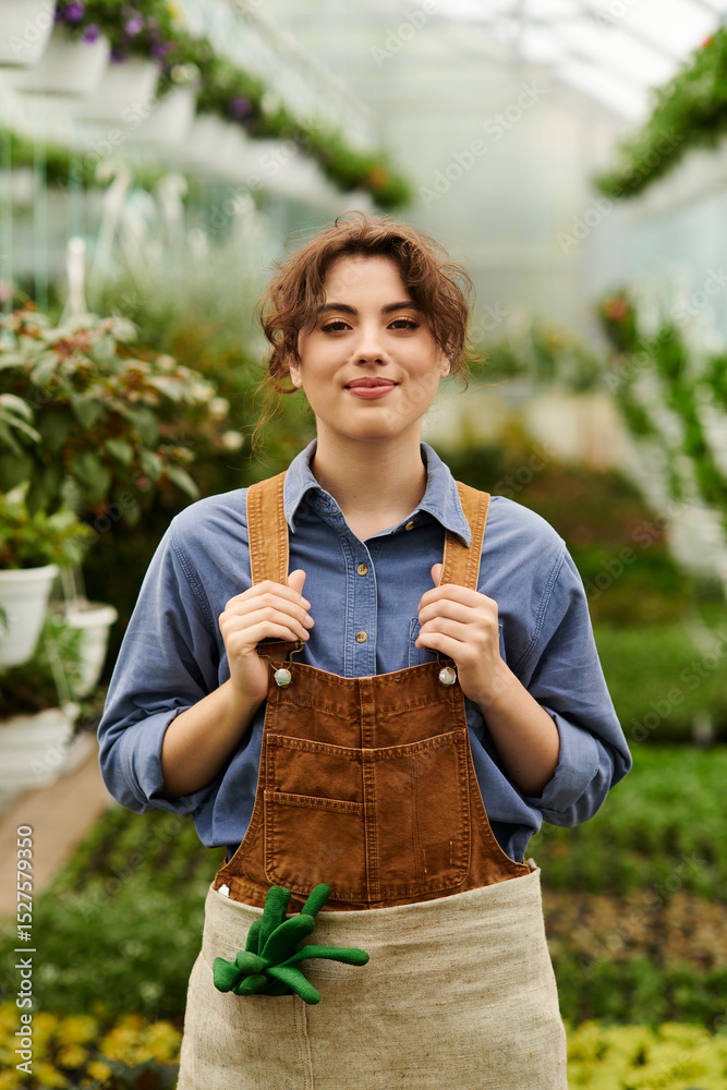 Fototapeta premium Young woman cultivates plants in a vibrant greenhouse filled with growth and life