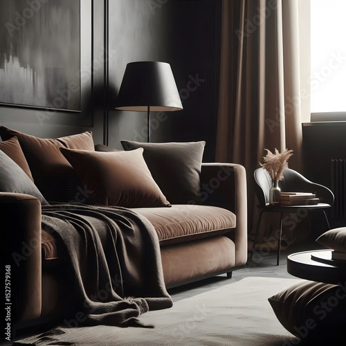 A close up view of a dark brown sofa in front of green wall in a living room 