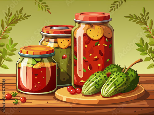 vector of Pickled or finely chopped pickles with tomato sauce in glass containers for storing pickles. On rustic table, simple light color background.