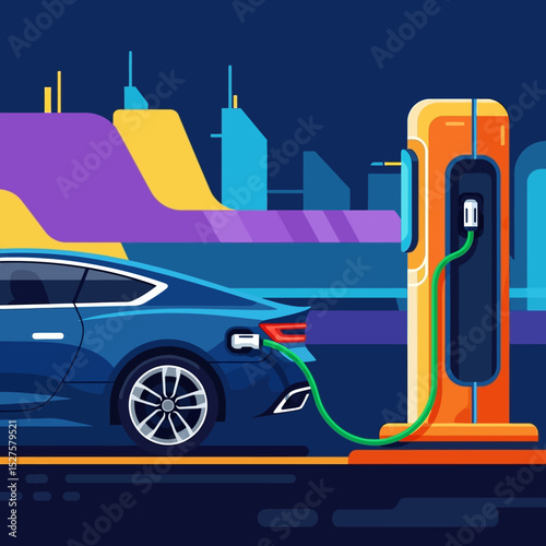 Electric Car Charging at City Station Flat Illustration