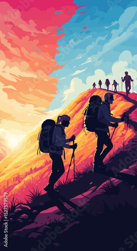 Hikers Climbing Mountain at Sunset or Sunrise Landscape