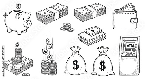 Hand Drawn Money & Finance Doodle Set - Vector Banking and Currency Sketches