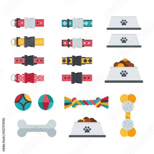 Flat Design Pet Supplies Collection with Collars and Toys