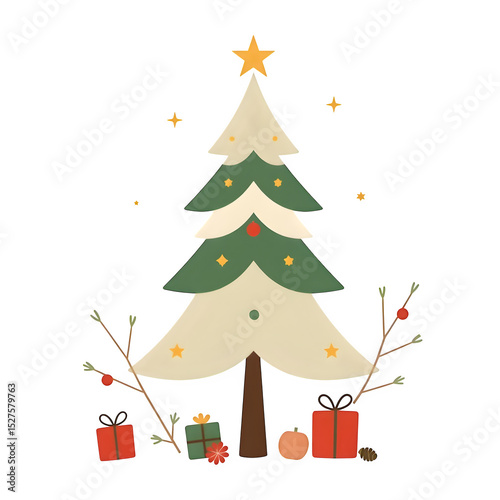 Minimal whimsical Christmas tree on transparent background.